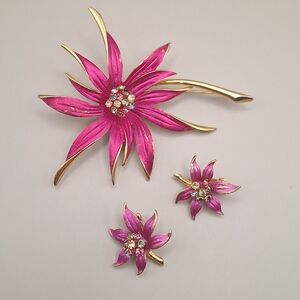 1960s-70s Park Lane Pink Enamel Flower Brooch & Earrings Set